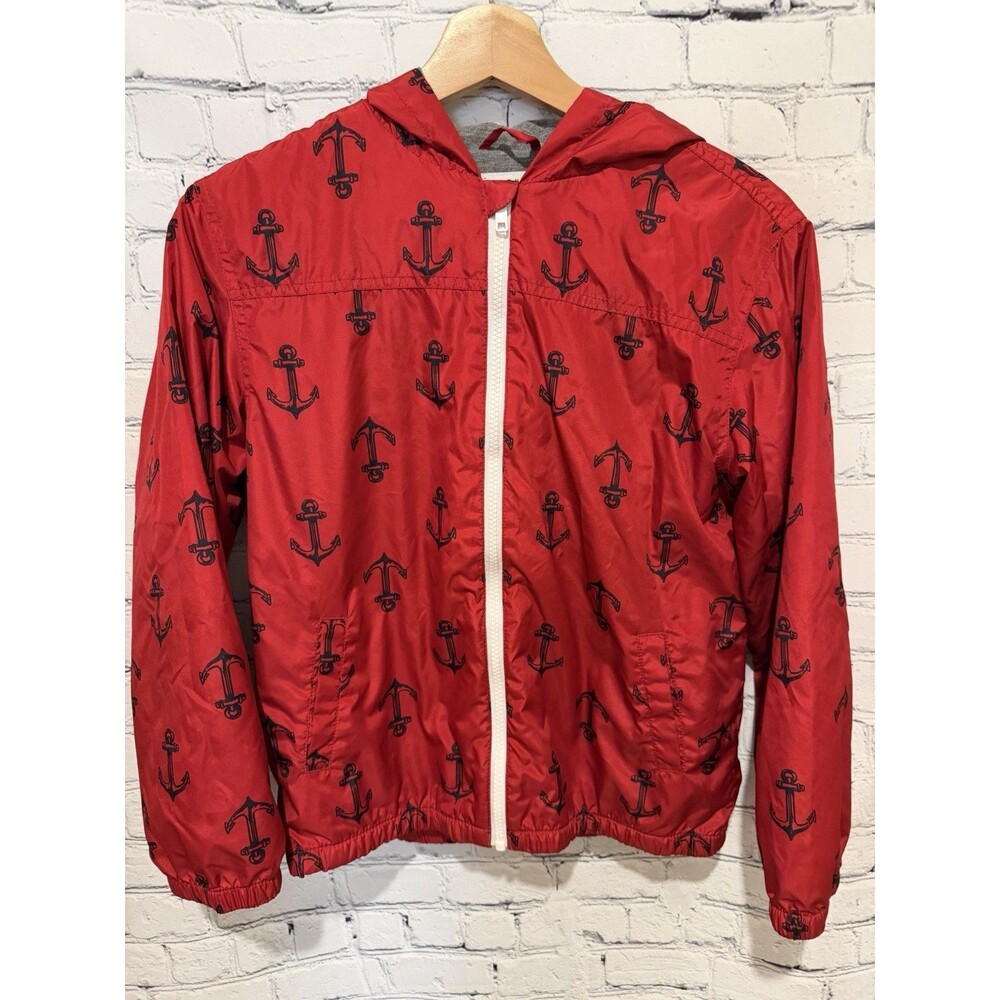 Boy's Gymboree red Light weight full zipper Jacket w/ blue Anchors Large 10-12